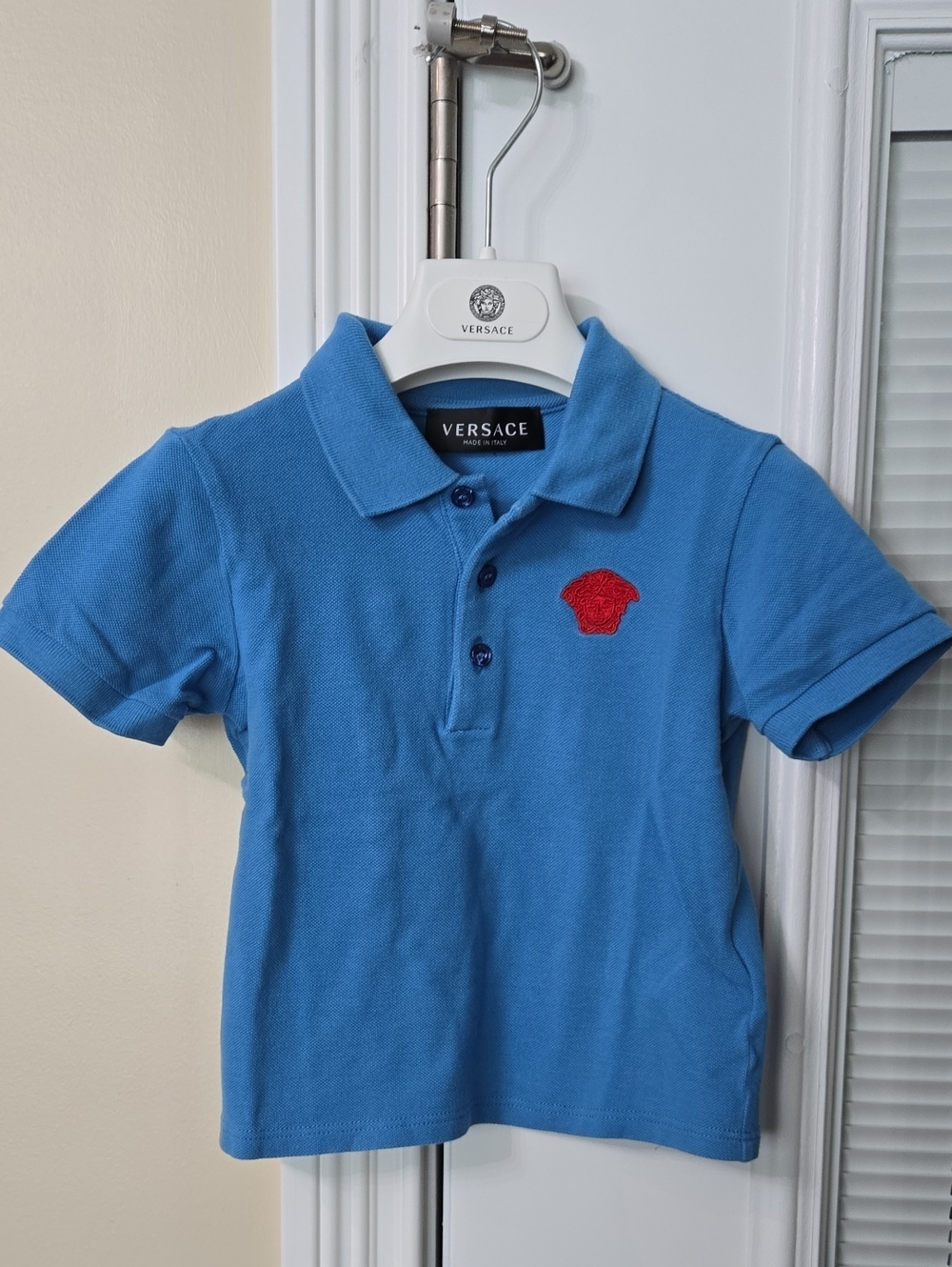 Versace Kids Bright Blue Polo with Red Medusa Emblem